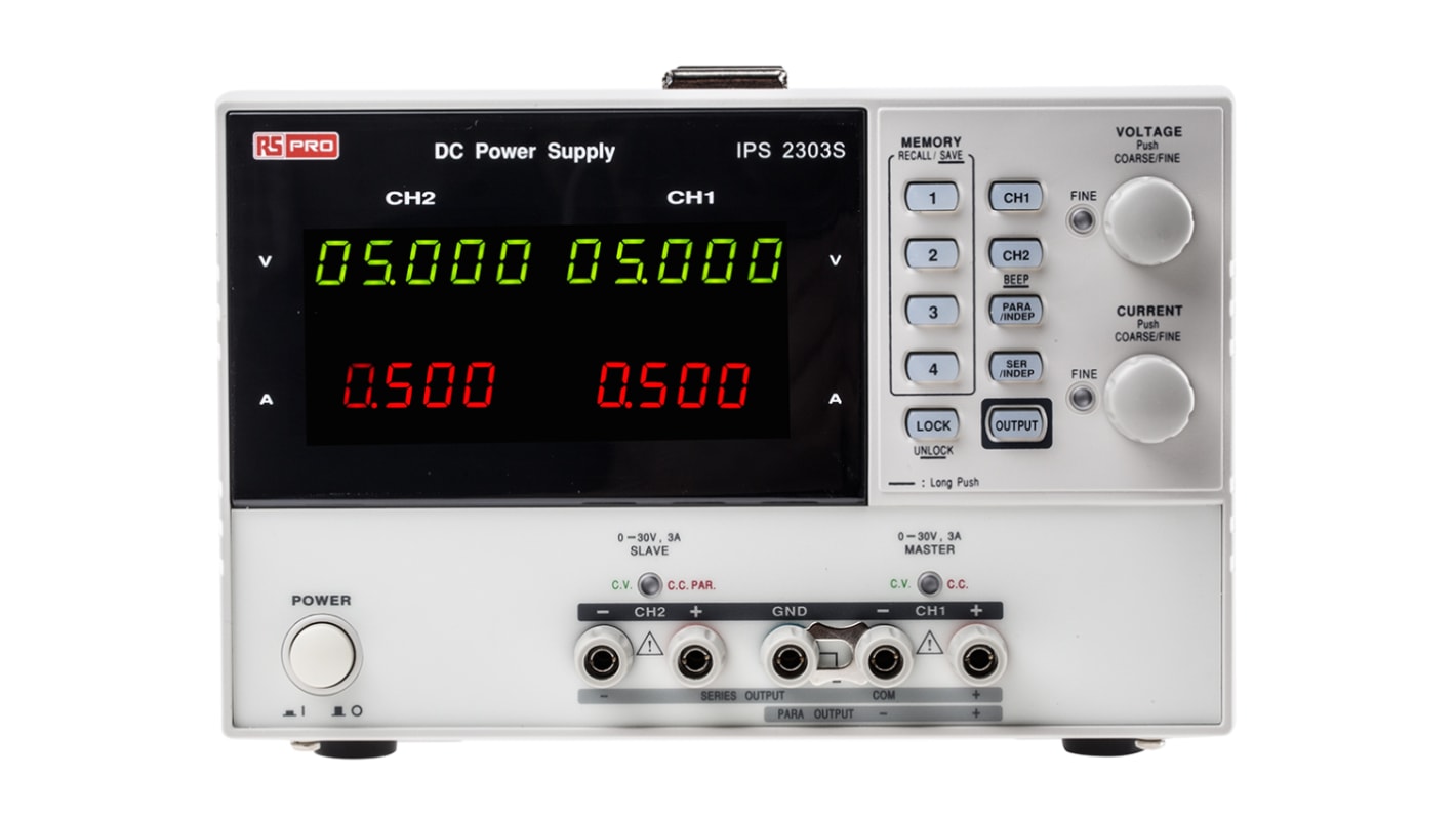 Fuente de alimentación RS PRO, calibrado UKAS, 2 salidas, 2 x 0 → 30V, 2 x 0 → 3A, 180W