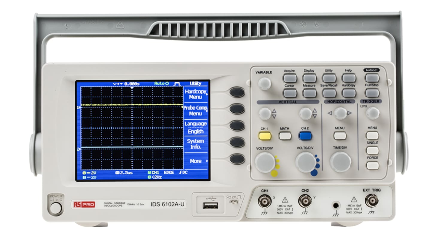Osciloscopio Portátil RS PRO IDS6102AU, calibrado UKAS, canales:2 A, 100MHZ, pantalla de 5.7plg, interfaz USB, enchufe