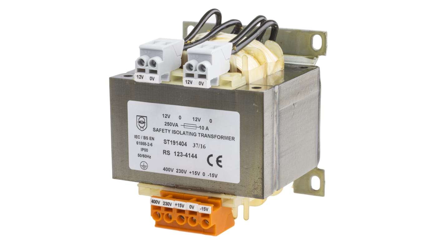 RS PRO 250VA DIN Rail Transformer, IEC 61558-2-6, 230 → 400V ac Primary, 12V ac Secondary