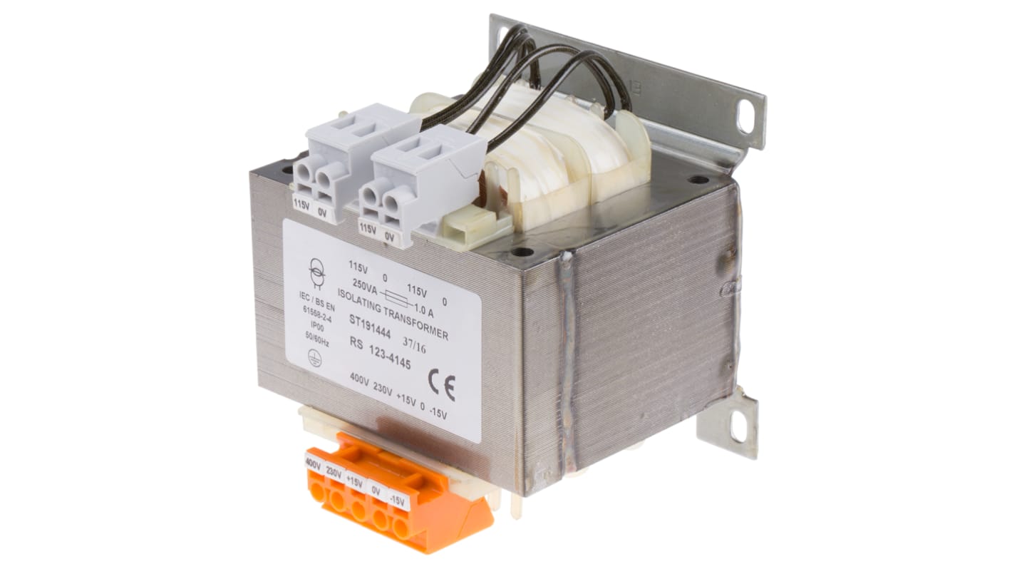 RS PRO 250VA DIN Rail Transformer, 230 → 400V ac Primary, 2 x 115V ac Secondary