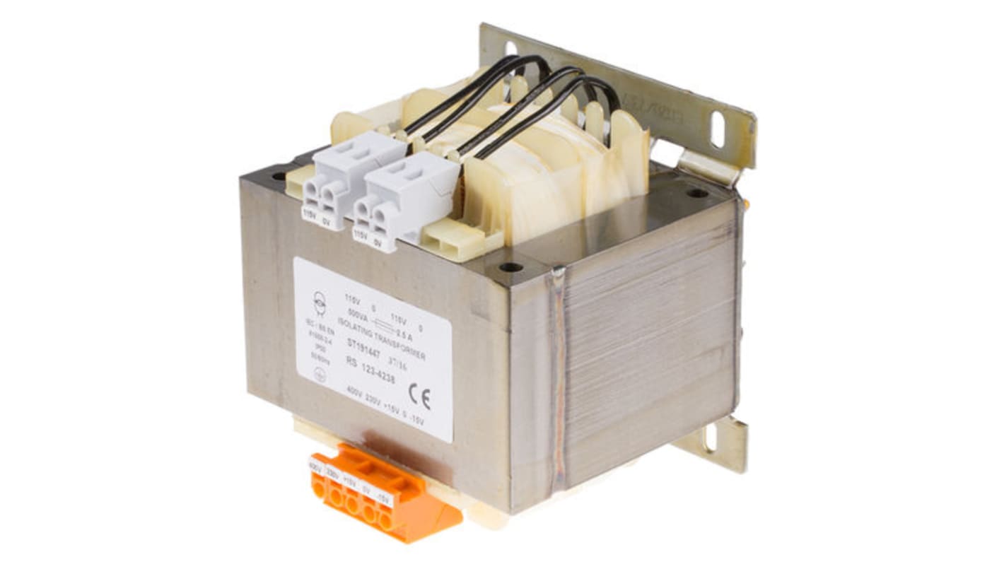 Transformator do zabudowy Napięcie wtórne 2 x 115V ac 500VA Napięcie pierwotne 230 → 400V ac 2-wyjściowy 90% RS