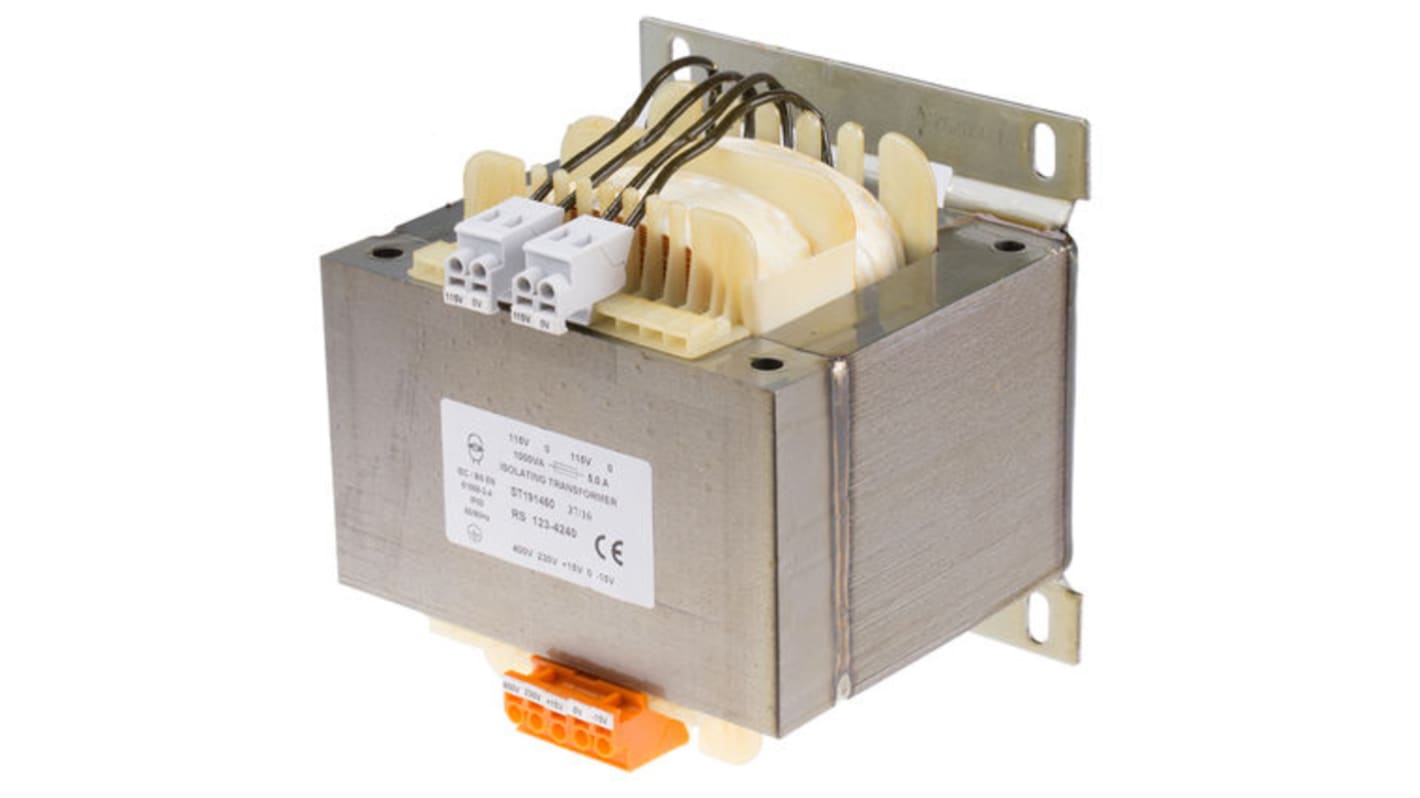 Transformator do zabudowy Napięcie wtórne 2 x 115V ac 1000VA Napięcie pierwotne 230 → 400V ac 2-wyjściowy 91% RS