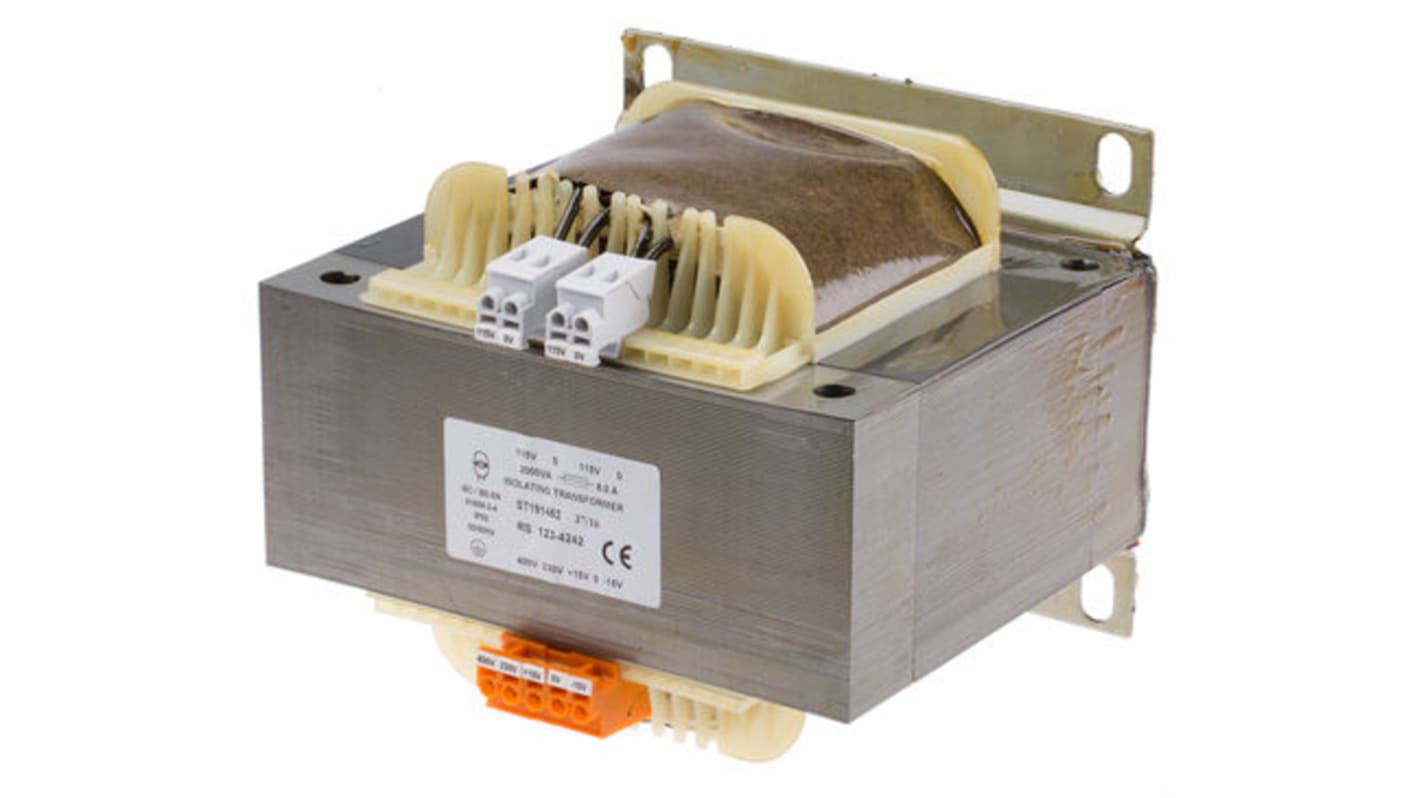 Transformator do zabudowy Napięcie wtórne 2 x 115V ac 2000VA Napięcie pierwotne 230 → 400V ac 2-wyjściowy 92% RS