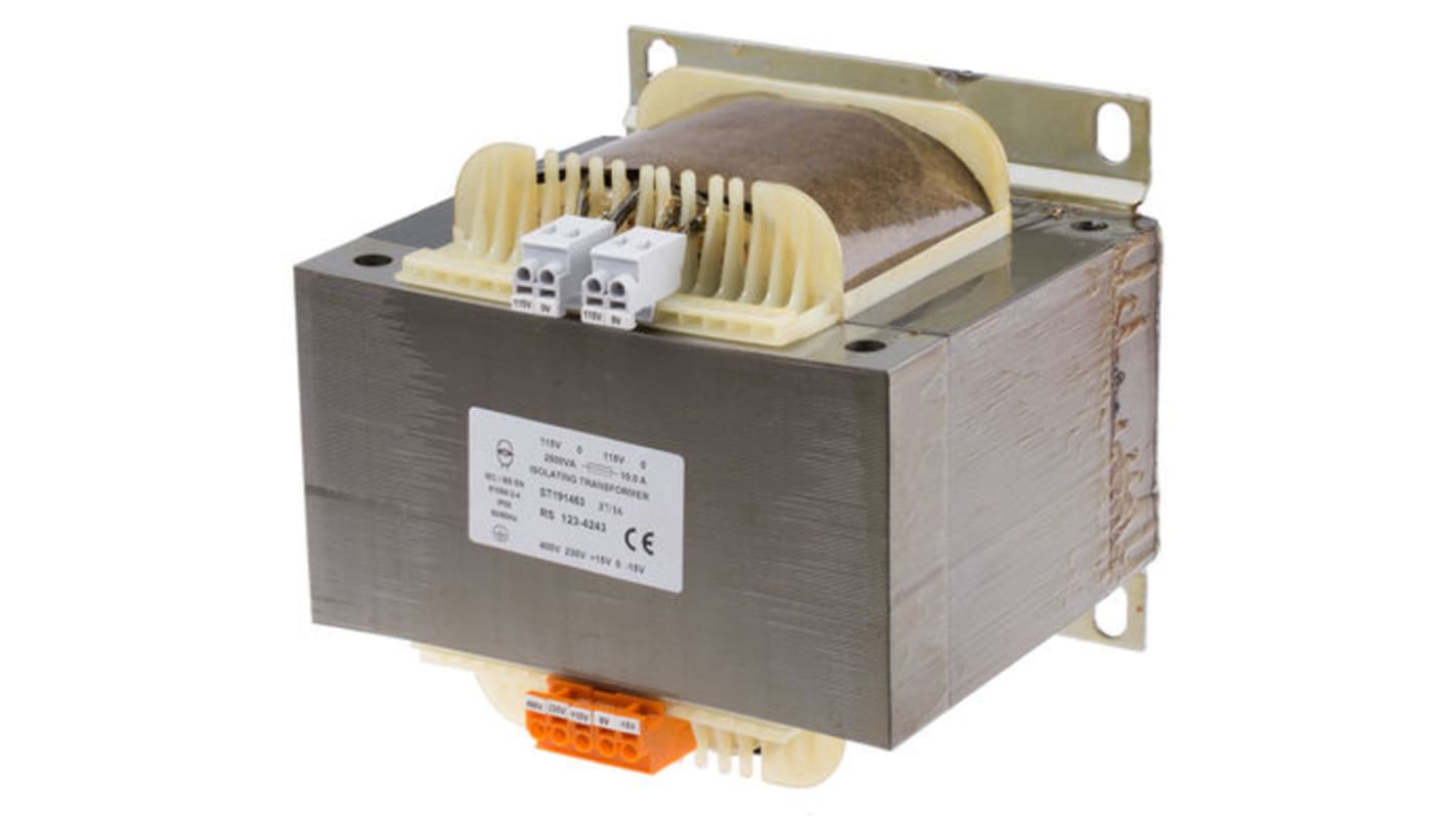RS PRO 2500VA隔离变压器, 初级230 → 400V 交流, 次级2 x 115V 交流, 2输出, DIN导轨, 面板式