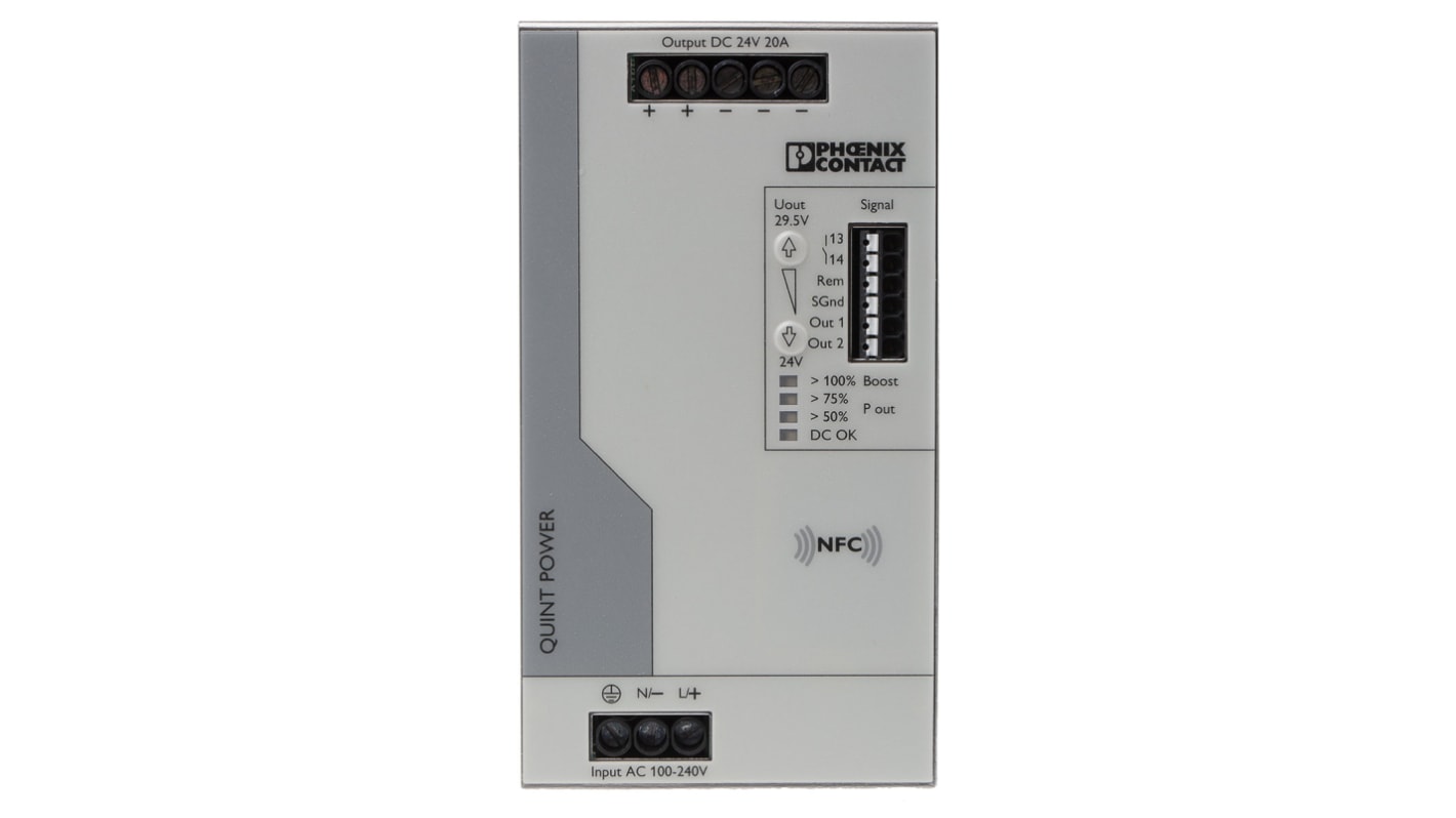 Phoenix Contact DINレール取付け用スイッチング電源, 2904602, 出力：20A, 定格：480W 入力電圧：ac 出力電圧：dc 24V dc/