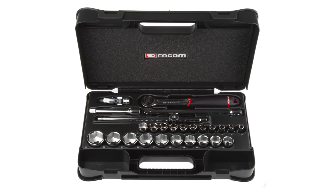 Facom 26-Piece Metric 1/2 in Standard Socket Set with Ratchet, 6 point