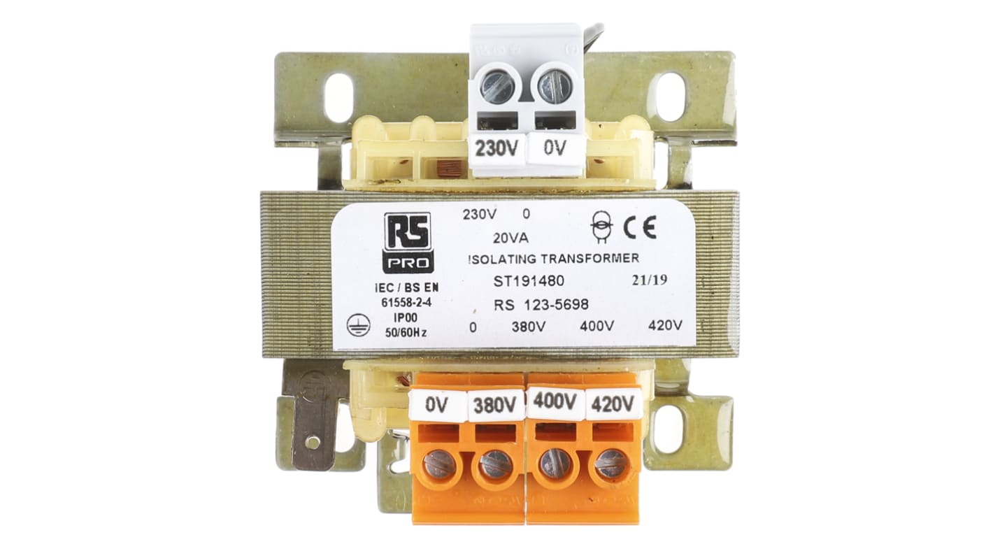 RS PRO DIN-Schienen-Trafo, 20VA, Primär 218V ac / Sekundär 230V ac DIN-Schiene 1 Ausg., 66mm x 56mm x 88mm