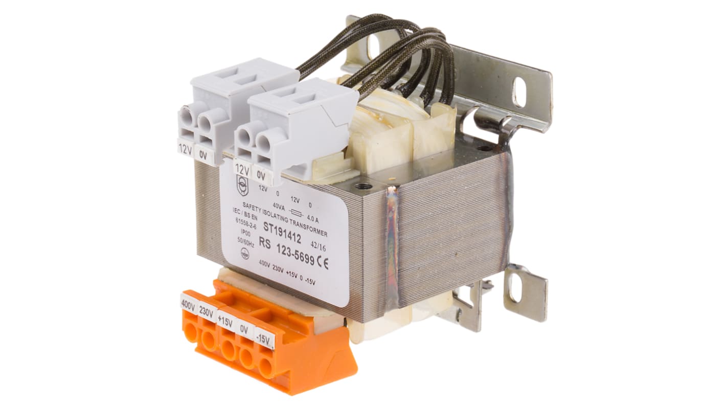 RS PRO 40VA DIN Rail Transformer, IEC 61558-2-6, 230V ac (+/- 15V) → 400V ac (+/- 15V) Primary, 2 x 12V ac