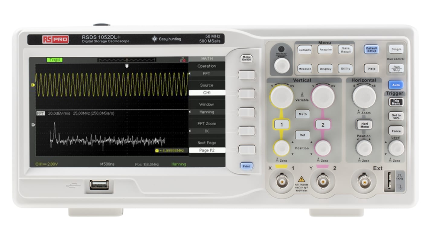 Osciloscopio de banco RS PRO RSDS 1052 DL +, canales:2 A, 50MHZ, pantalla de 7plg, interfaz RS232, USB