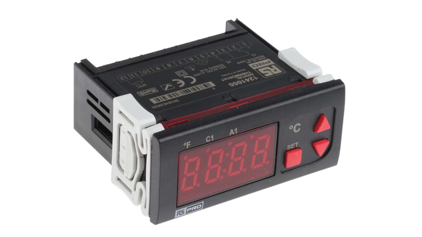 RS PRO Panel Mount On/Off Temperature Controller, 77 x 35mm 1 Input, 2 Output Relay, 24 V ac/dc Supply Voltage