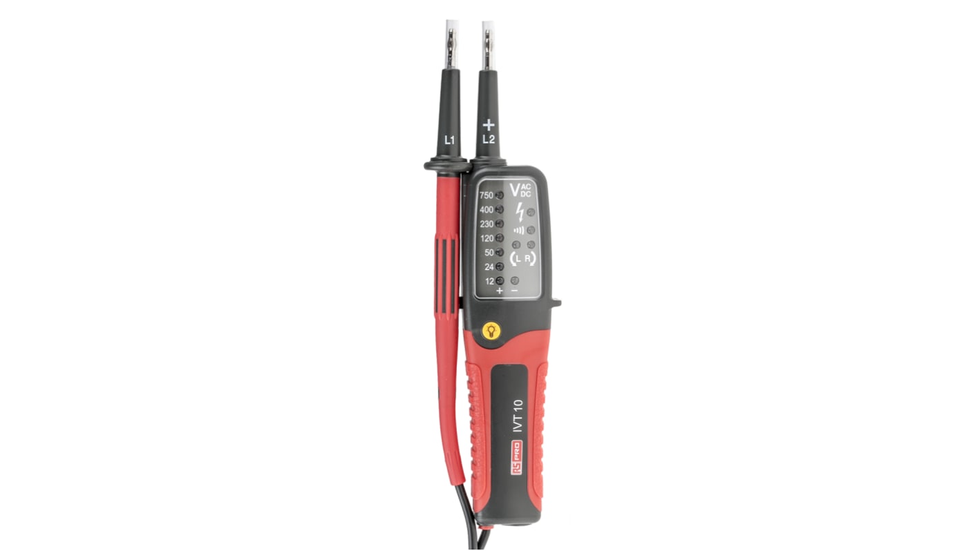 RS PRO IVT-10, LED Voltage tester, 750V ac/dc, Continuity Check, Battery Powered, CAT III 750V With RS Calibration