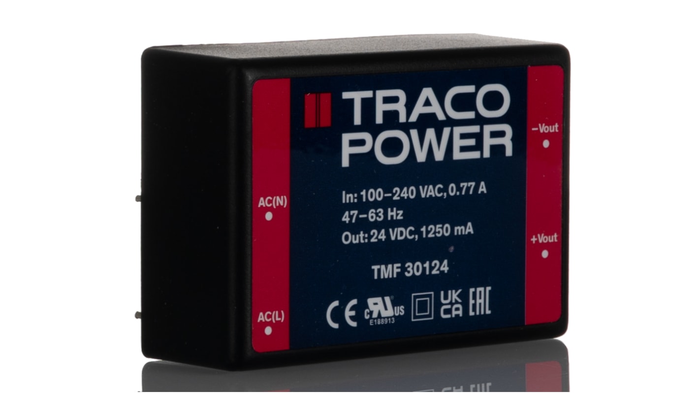 TRACOPOWER Switching Power Supply, TMF 30124, 24V dc, 1.25A, 30W, 1 Output, 120 → 370 V dc, 90 → 264 V ac