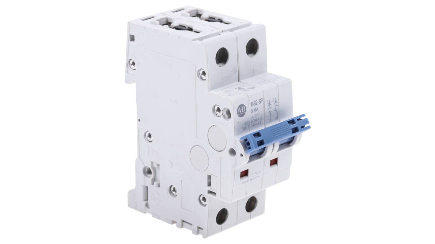 Allen Bradley D型MCB, 2极, 10 kA分断, 6A, 277VAC, 96VDC, 1492-SPM系列