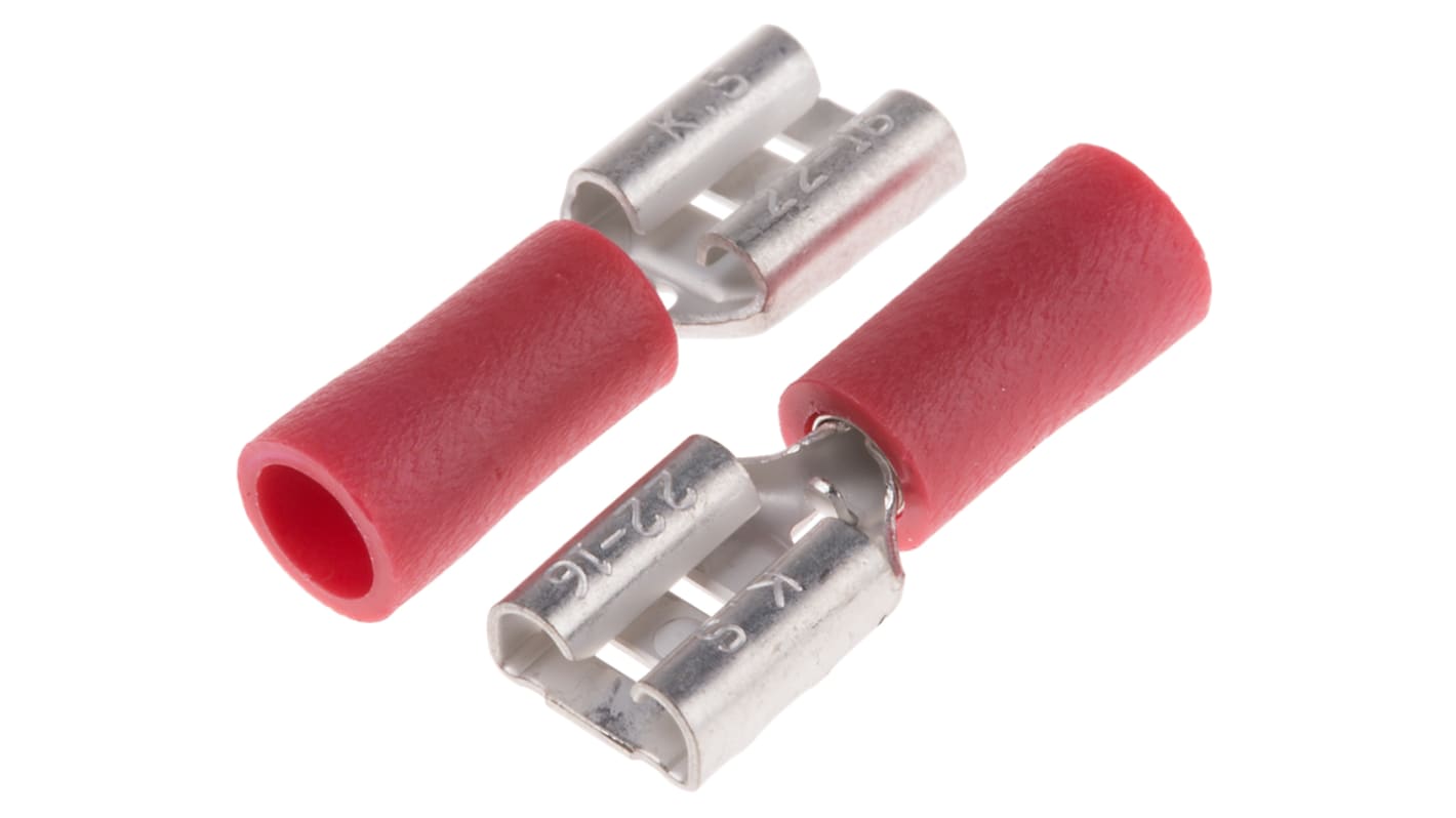 RS PRO Red Insulated Female Spade Connector, Double Crimp, 6.35 x 0.8mm Tab Size, 0.5mm² to 1.5mm²