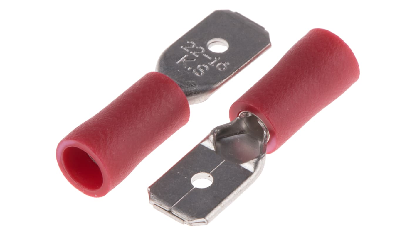 RS PRO Red Insulated Male Spade Connector, Double Crimp, 6.35 x 0.8mm Tab Size, 0.5mm² to 1.5mm²