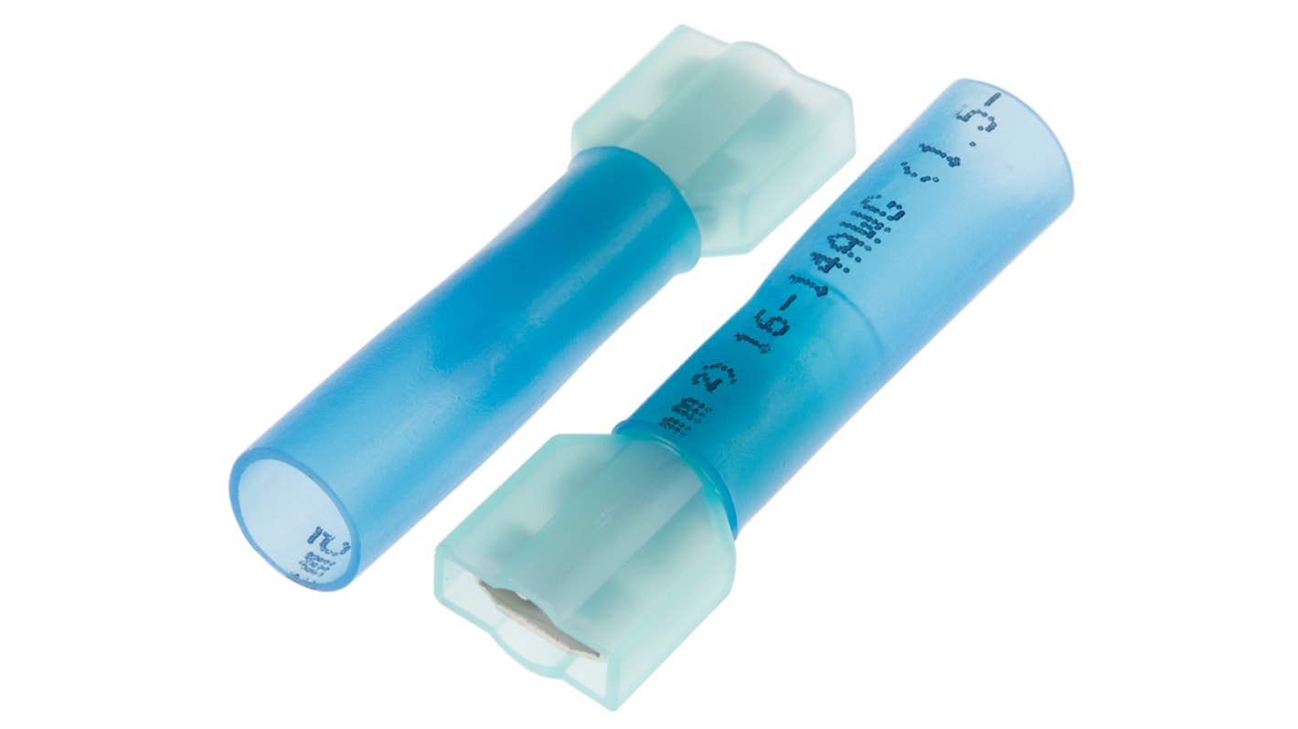 RS PRO Blue Insulated Female Spade Connector, Heat Shrinkable, 6.35 x 0.8mm Tab Size, 1.5mm² to 2.5mm²