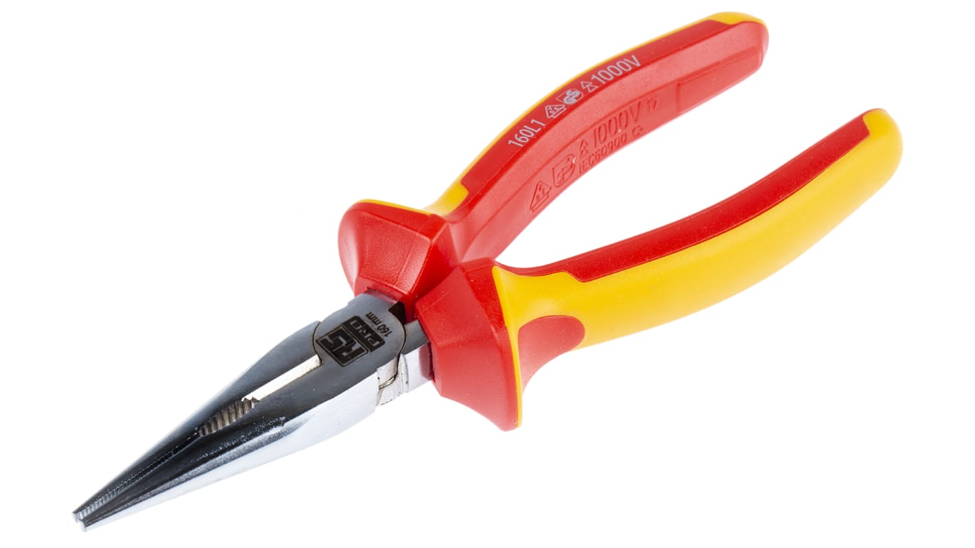 RS PRO Long Nose Pliers, 160 mm Overall, Straight Tip, VDE/1000V, 50,3mm Jaw