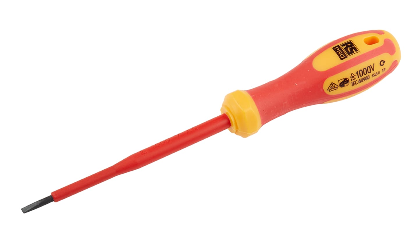 RS PRO Slotted Insulated Screwdriver, 3 x 0.5 mm Tip, 100 mm Blade, VDE/1000V, 190 mm Overall