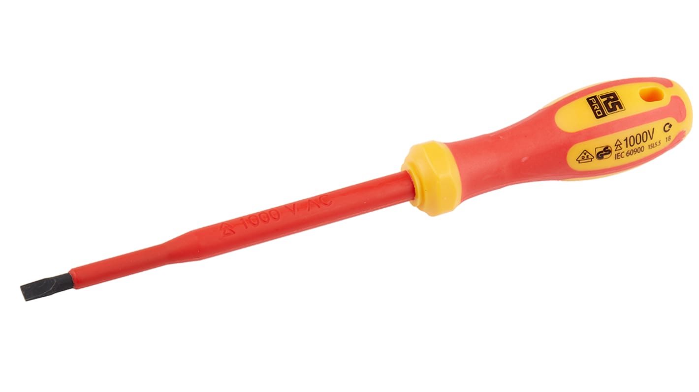 RS PRO Slotted Insulated Screwdriver, 5.5 x 1 mm Tip, 125 mm Blade, VDE/1000V, 225 mm Overall