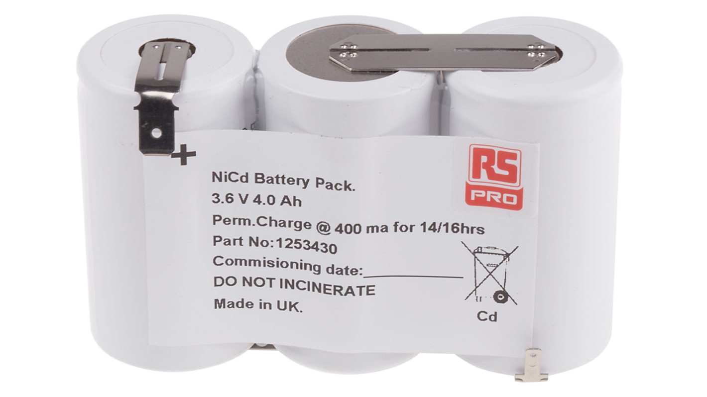RS PRO 3.6V NiCd Rechargeable Battery Pack, 4Ah - Pack of 1