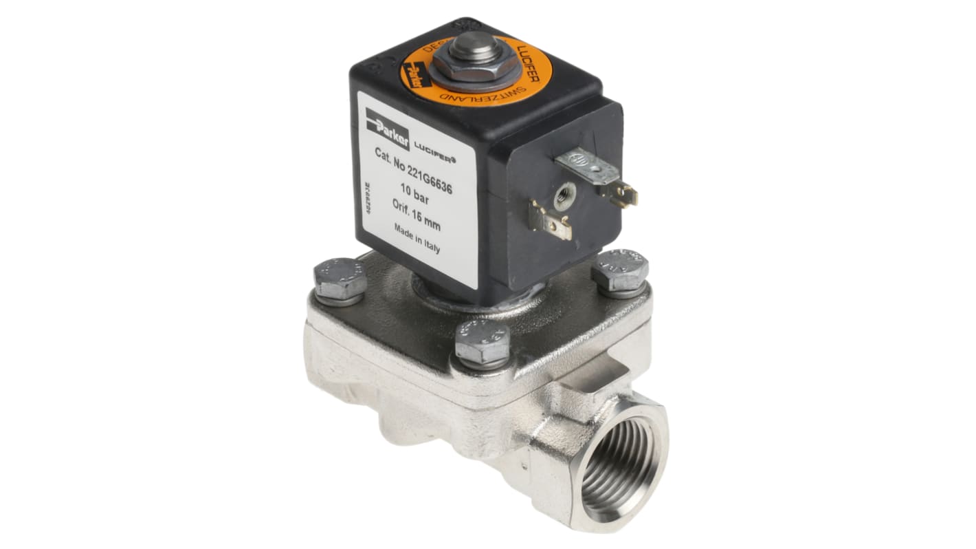 Parker 双通电磁阀, 24 V 直流电源, 1/2 in BSP 内螺纹接口, 不锈钢主体, 用于空气、油、水
