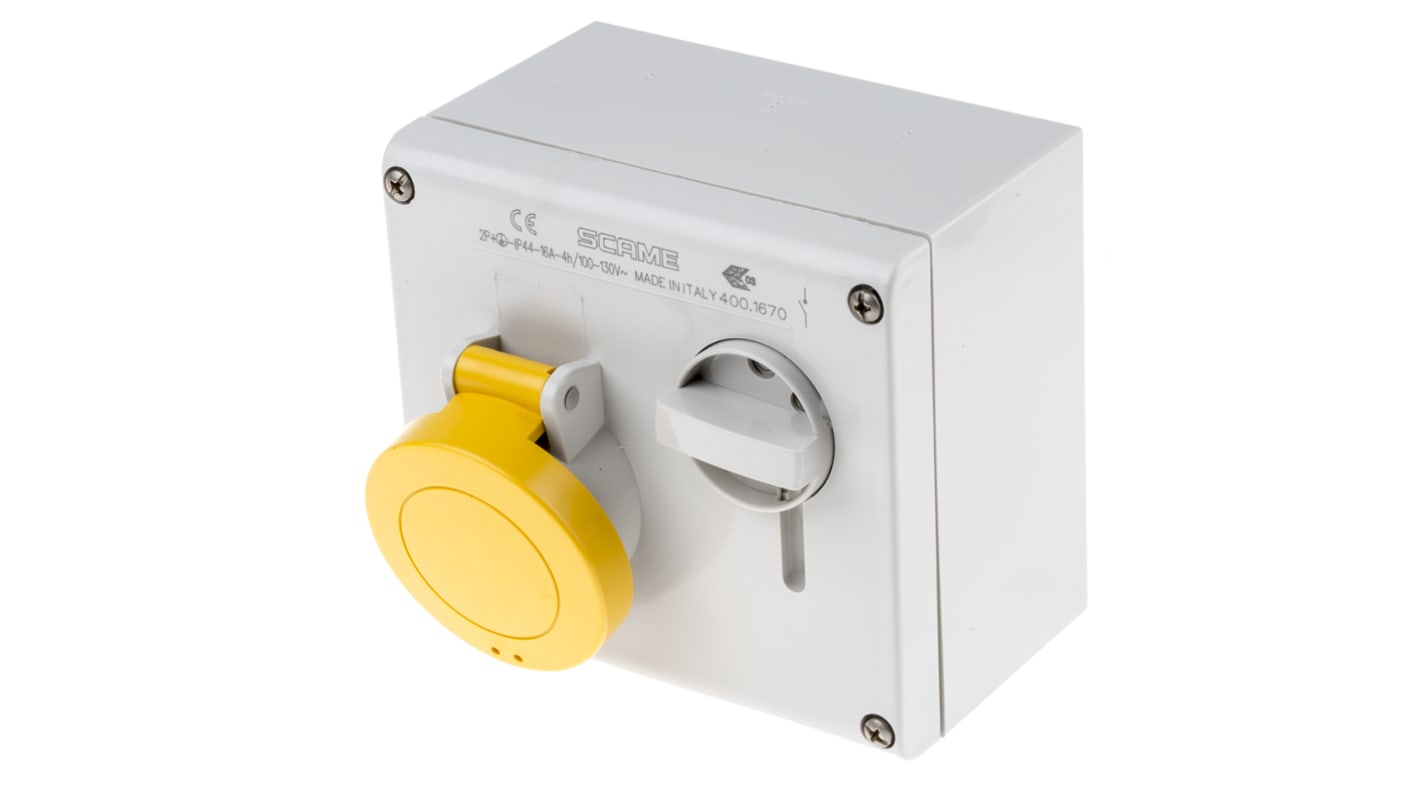 Scame Switchable IP44 Industrial Interlock Socket 2P+E, Earthing Position 4h, 16A, 130 V