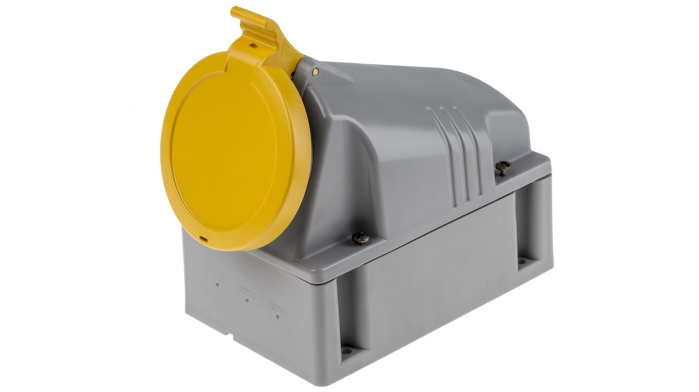 Scame IP44 Yellow Wall Mount 2P + E Industrial Power Socket, Rated At 63A, 110 V