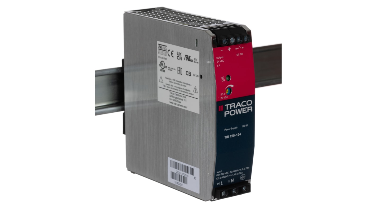 TRACOPOWER TIB Switched Mode DIN Rail Power Supply, 85 → 264V ac ac Input, 24V dc dc Output, 5A Output, 120W