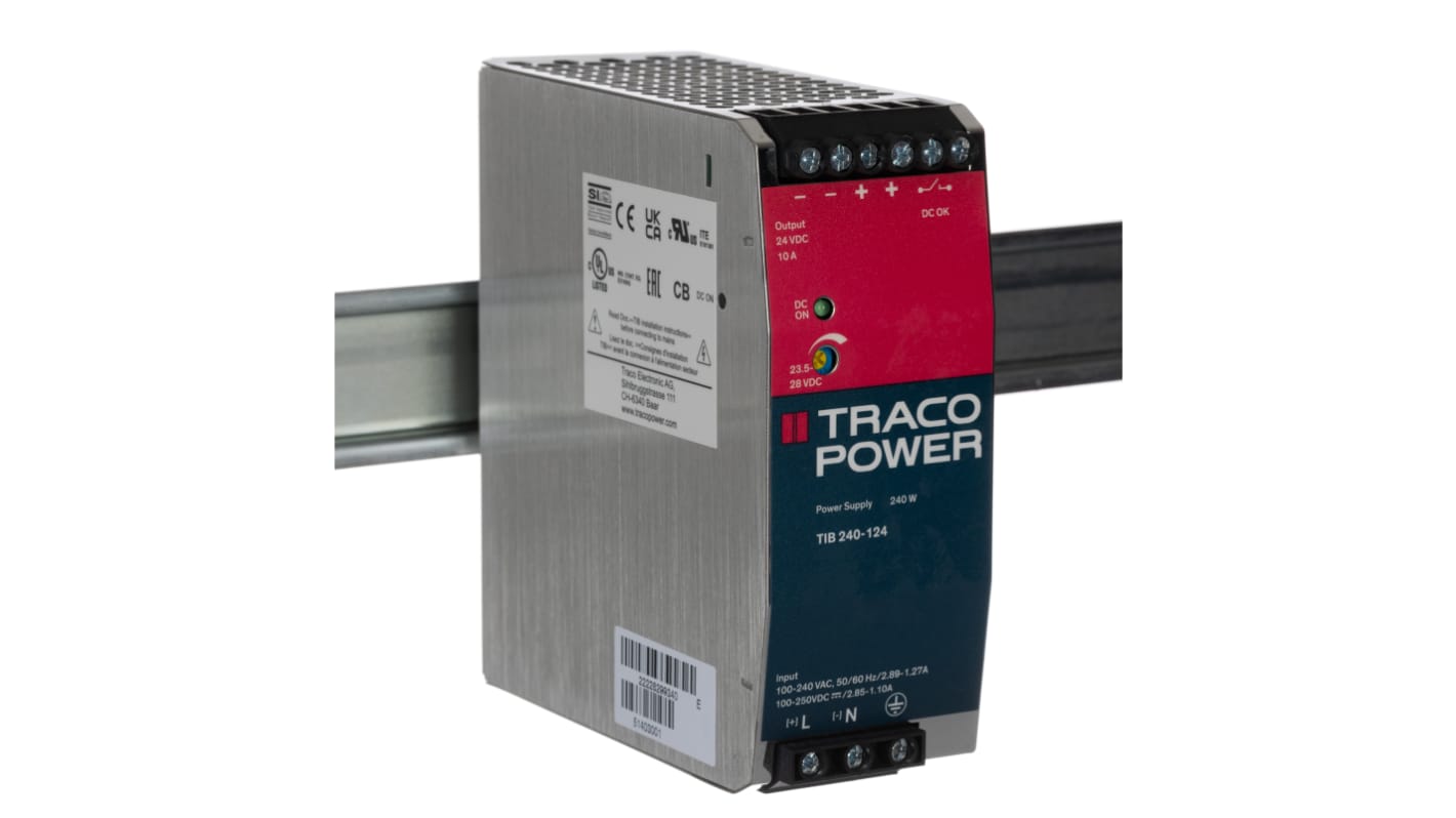 TRACOPOWER TIB Switched Mode DIN Rail Power Supply, 85 → 264V ac ac Input, 24V dc dc Output, 10A Output, 240W