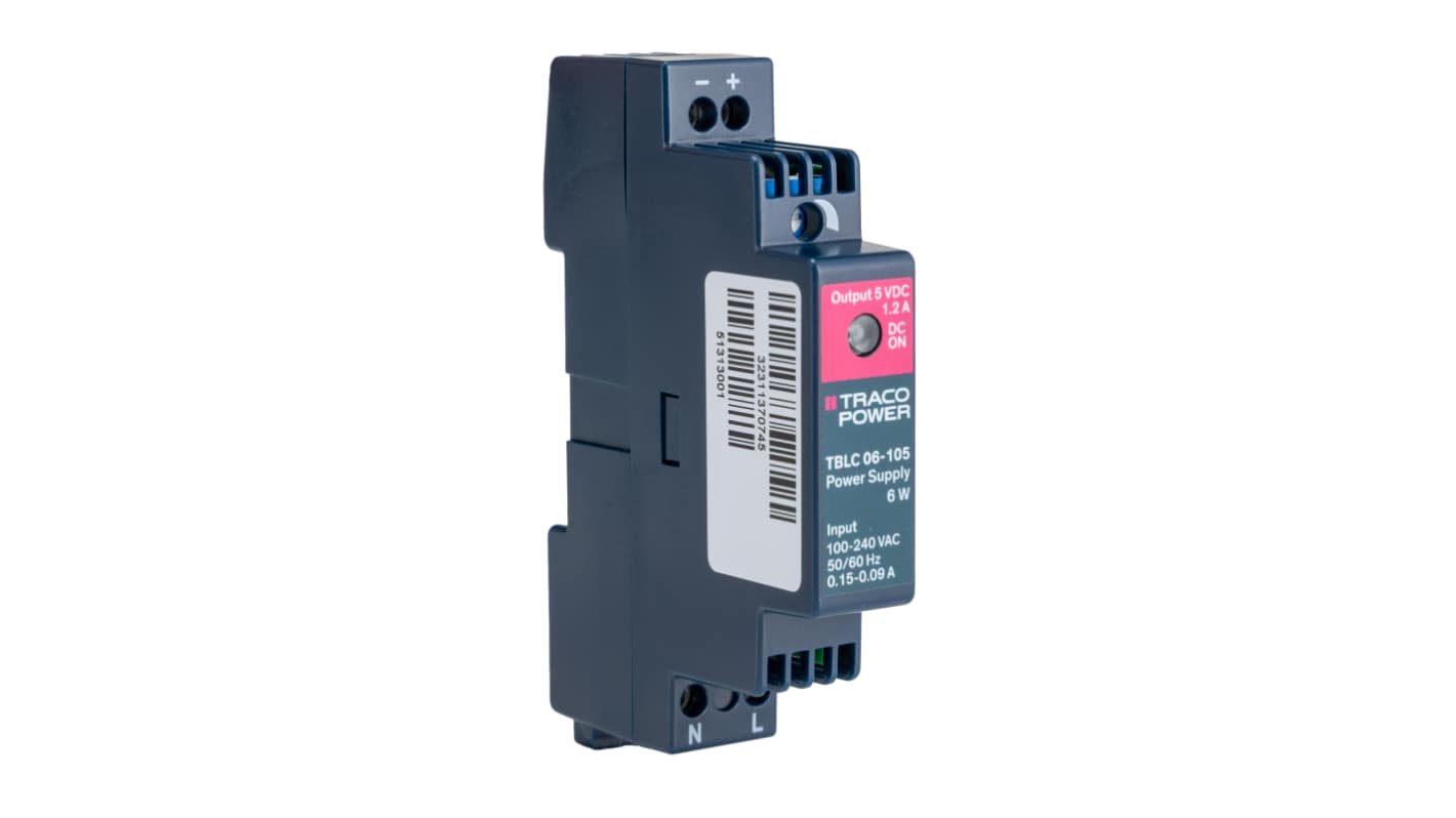 TRACOPOWER TBLC 06 Switched Mode DIN Rail Power Supply, 85 → 264V ac ac Input, 5V dc dc Output, 1.2A Output, 6W