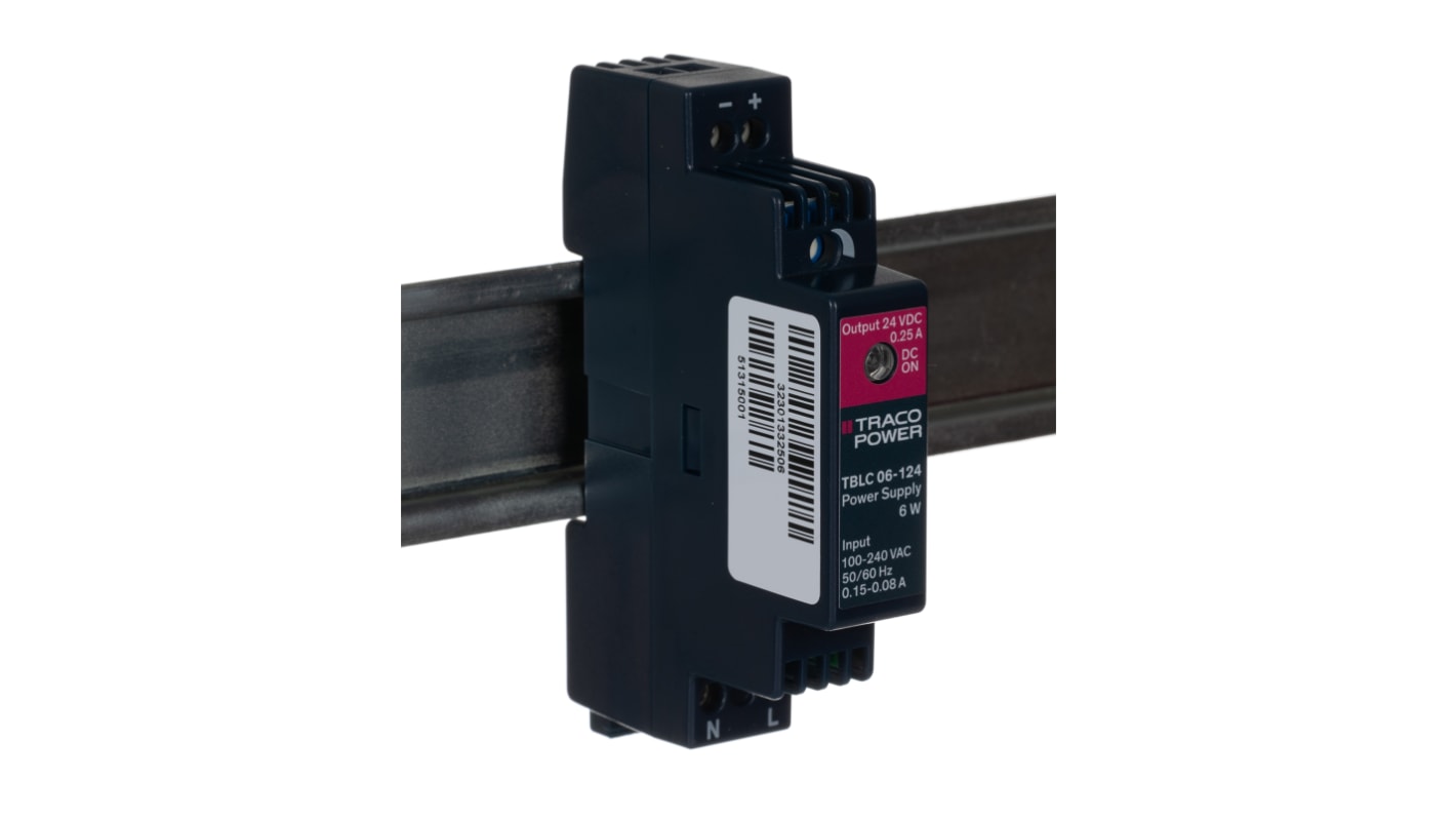 TRACOPOWER TBLC 06 Switched Mode DIN Rail Power Supply, 85 → 264V ac ac Input, 24V dc dc Output, 250mA Output, 6W