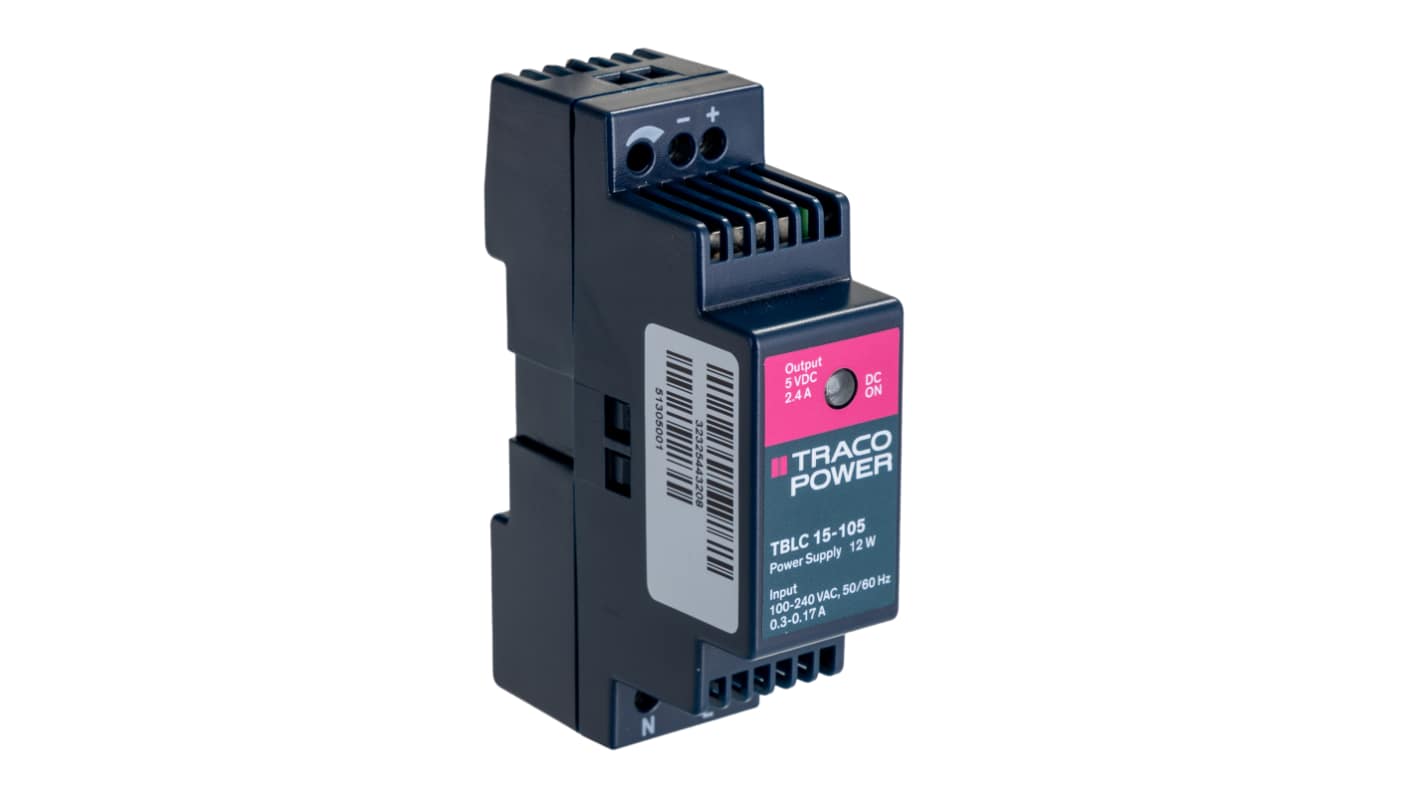 TRACOPOWER TBLC 15 DIN Rail Power Supply, 85 → 264V ac ac Input, 5V dc dc Output, 2.4A Output, 12W