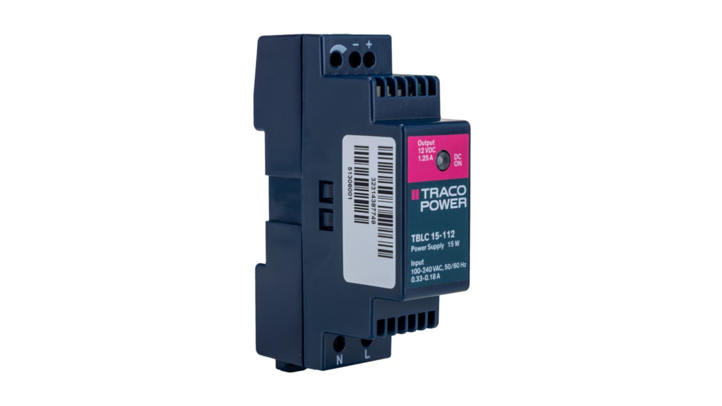 TRACOPOWER TBLC Switched Mode DIN Rail Power Supply, 85 → 264V ac ac Input, 12V dc dc Output, 1.25A Output, 15W