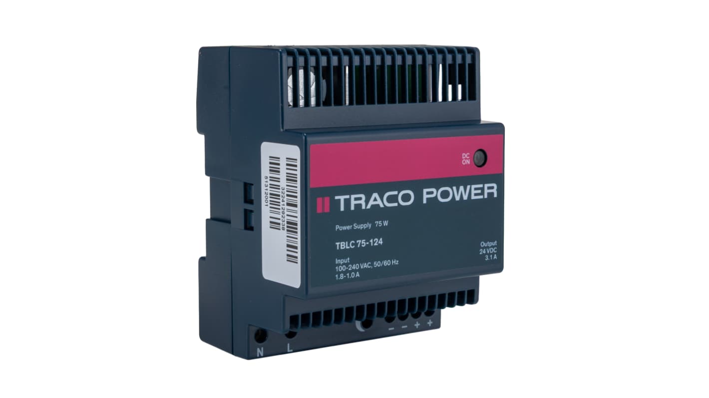 Alimentatore a montaggio su guida DIN TRACOPOWER, 24V cc, 3.1A, 85 → 264V ca, 75W