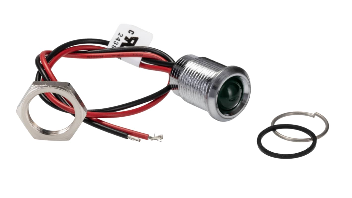 RS PRO 绿色LED面板指示灯, 220V 交流, 3mA, Φ14mm安装孔, 引线端接, 凸型边框, 铬色边框, IP67
