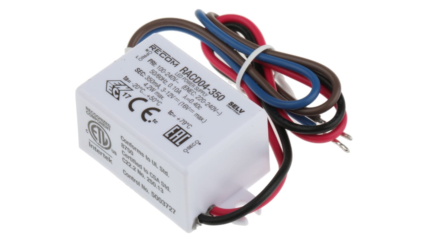 Driver LED corriente constante Recom RACD04 de salidas, IN: 90→ 264 V ac, OUT: 3 → 12V dc, 350mA, 4.2W,