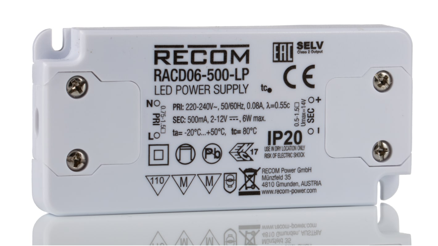 Recom LED Driver, 2 → 12V dc Output, 6W Output, 500mA Output, Constant Current