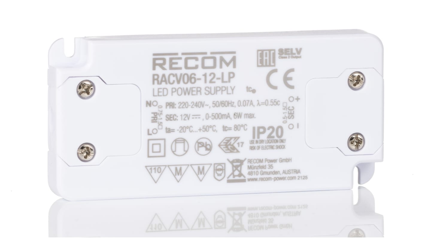 Recom LED Driver, 12V dc Output, 6W Output, 500mA Output, Constant Voltage