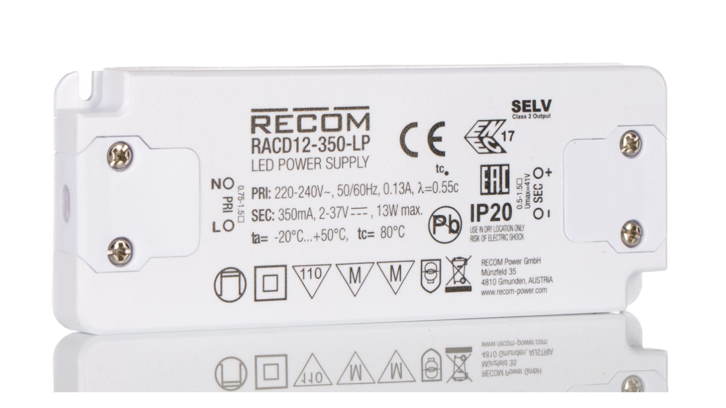 Driver de LED Recom,sortie 2 → 37V c.c. 350mA, 13W, IP20