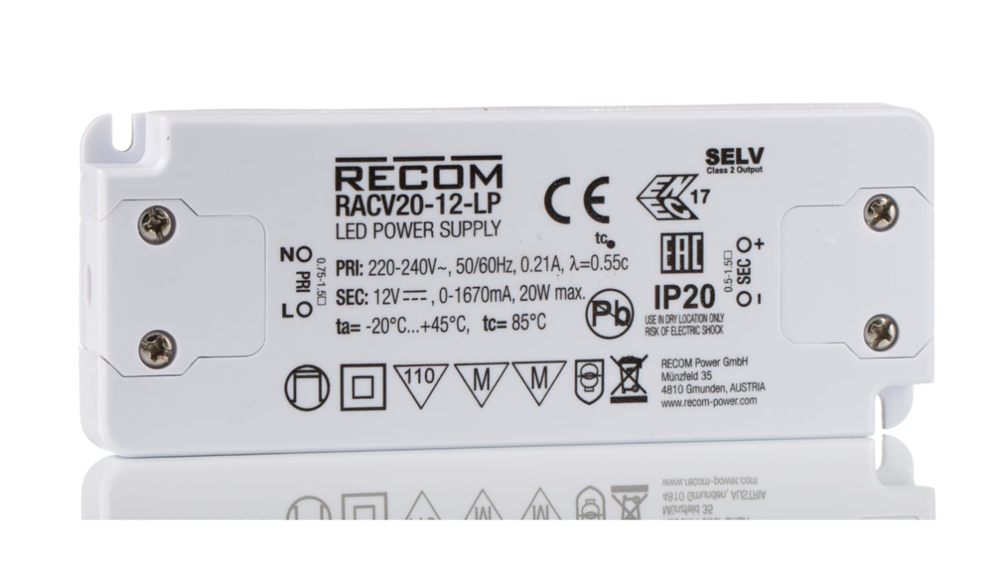 Modulo controllore LED Recom, 20W, IN 230V ca, OUT 12V, 1.67A