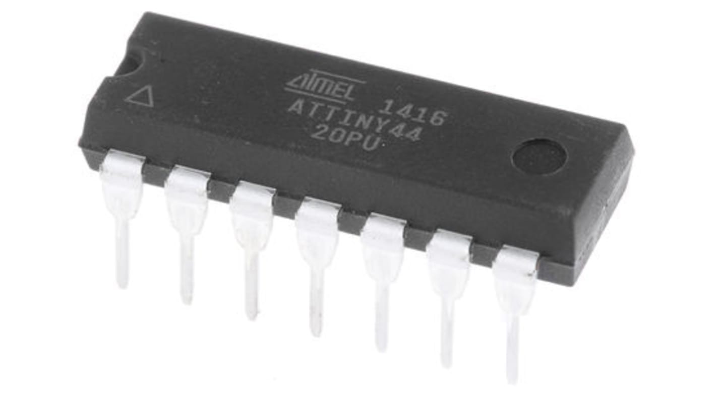 Microcontrolador Microchip ATTINY44-20PU, núcleo AVR de 8bit, RAM 256 B, 20MHZ, PDIP de 14 pines
