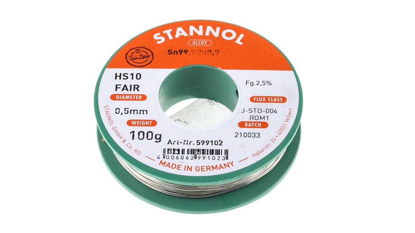 Stannol Wire, 0.5mm Lead Free Solder, 227°C Melting Point