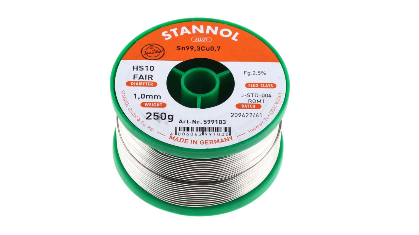 Stannol HS10 Fair Lötzinn bleifrei 99.3%Sn 0%Pb 0.7%Cu, 227°C, Ø 1mm / 250g