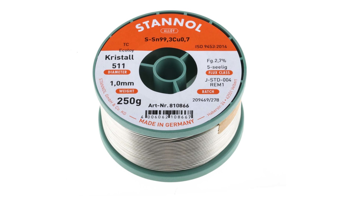 Stannol Wire, 1mm Lead Free Solder, 227°C Melting Point