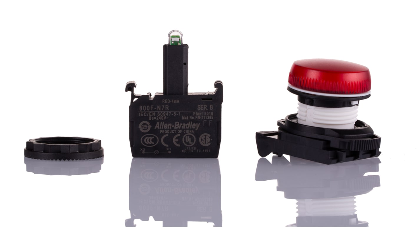 Allen Bradley 红色圆形按钮指示灯, Φ22mm开孔, 240V 交流, 塑料主体, 面板安装, 800F系列