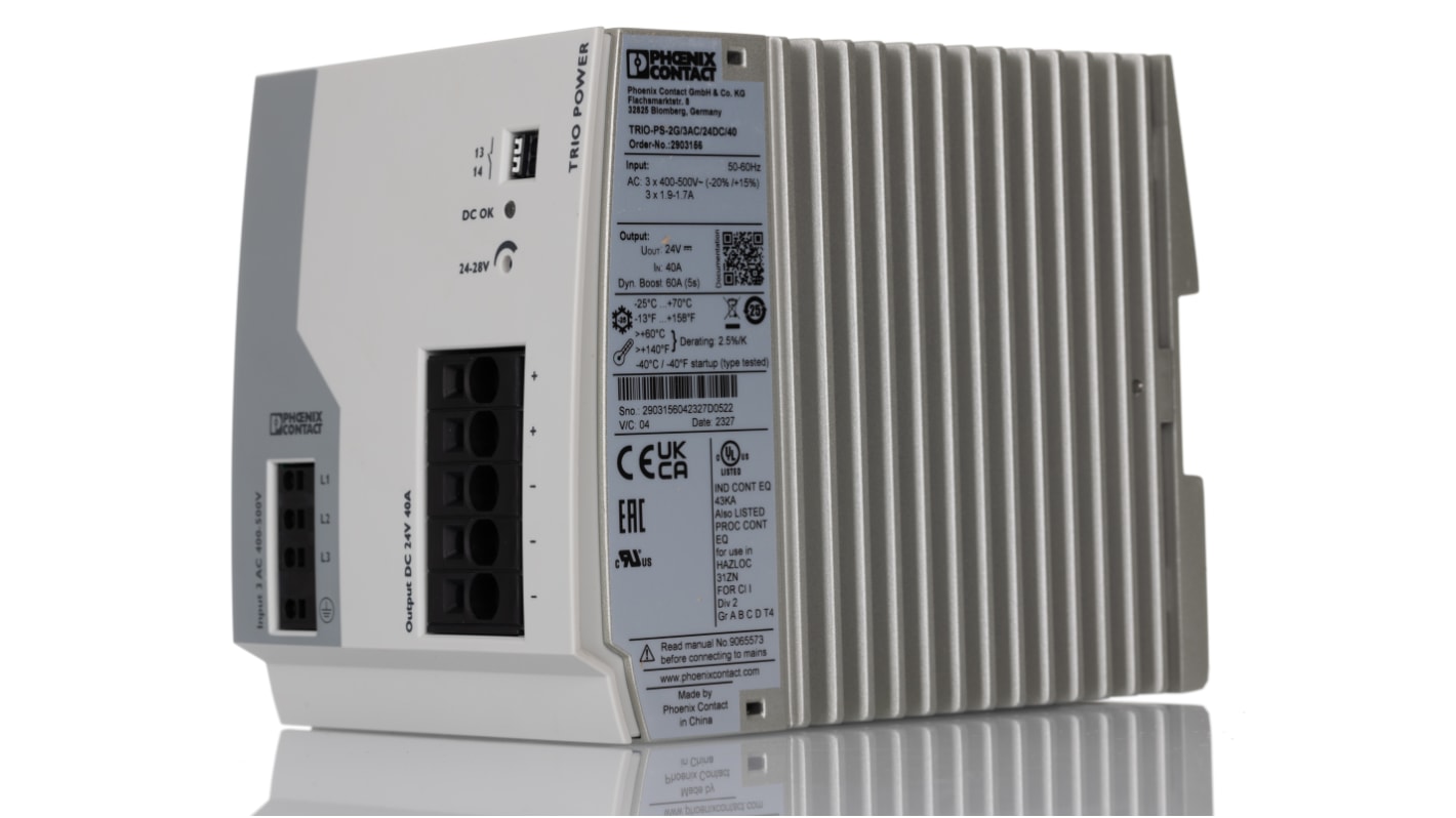 Phoenix Contact TRIO POWER Switched Mode DIN Rail Power Supply, 3 x 400V ac ac Input, 24V dc dc Output, 40A Output, 960W