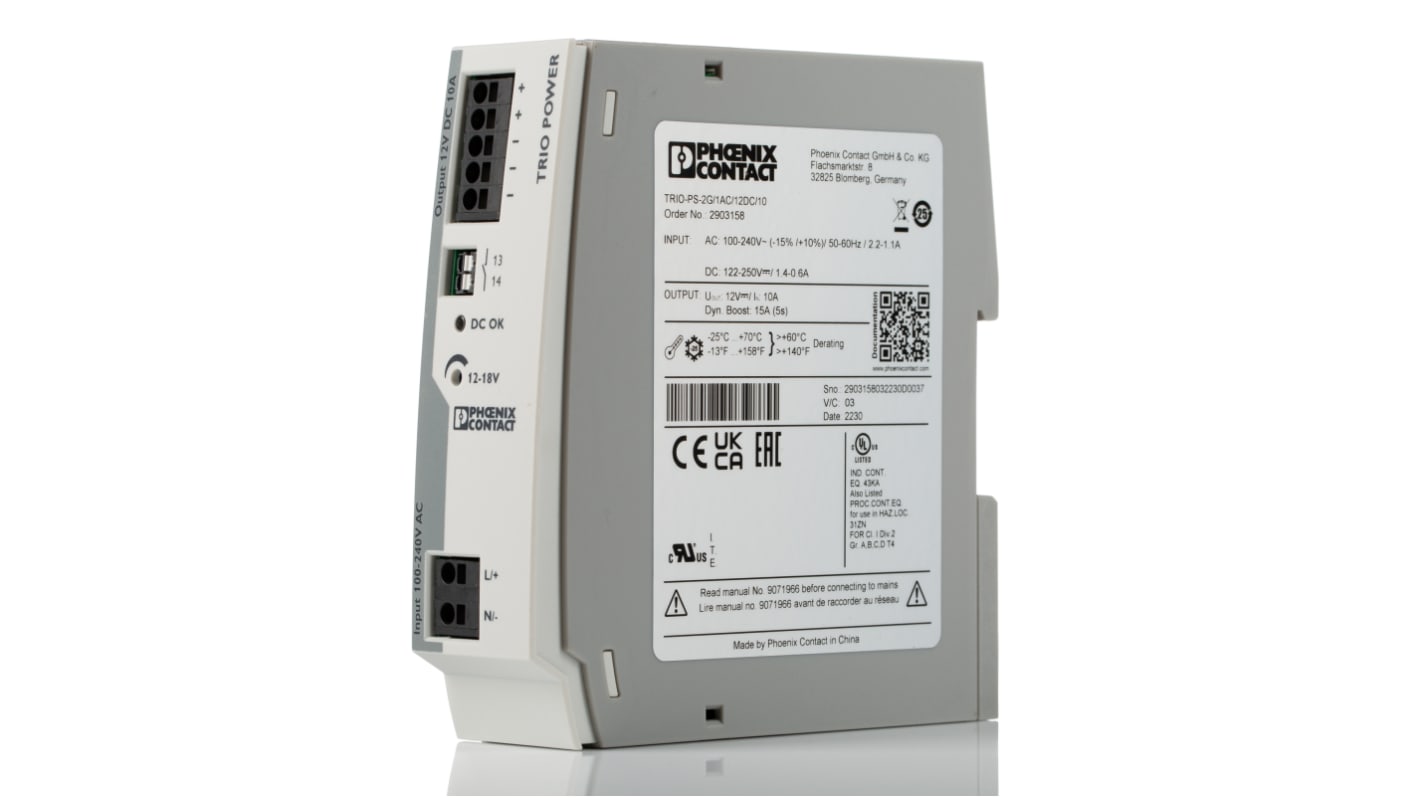 Alimentatore a montaggio su guida DIN Phoenix Contact, 12V cc, 10A, 100 → 240V ca, 120W