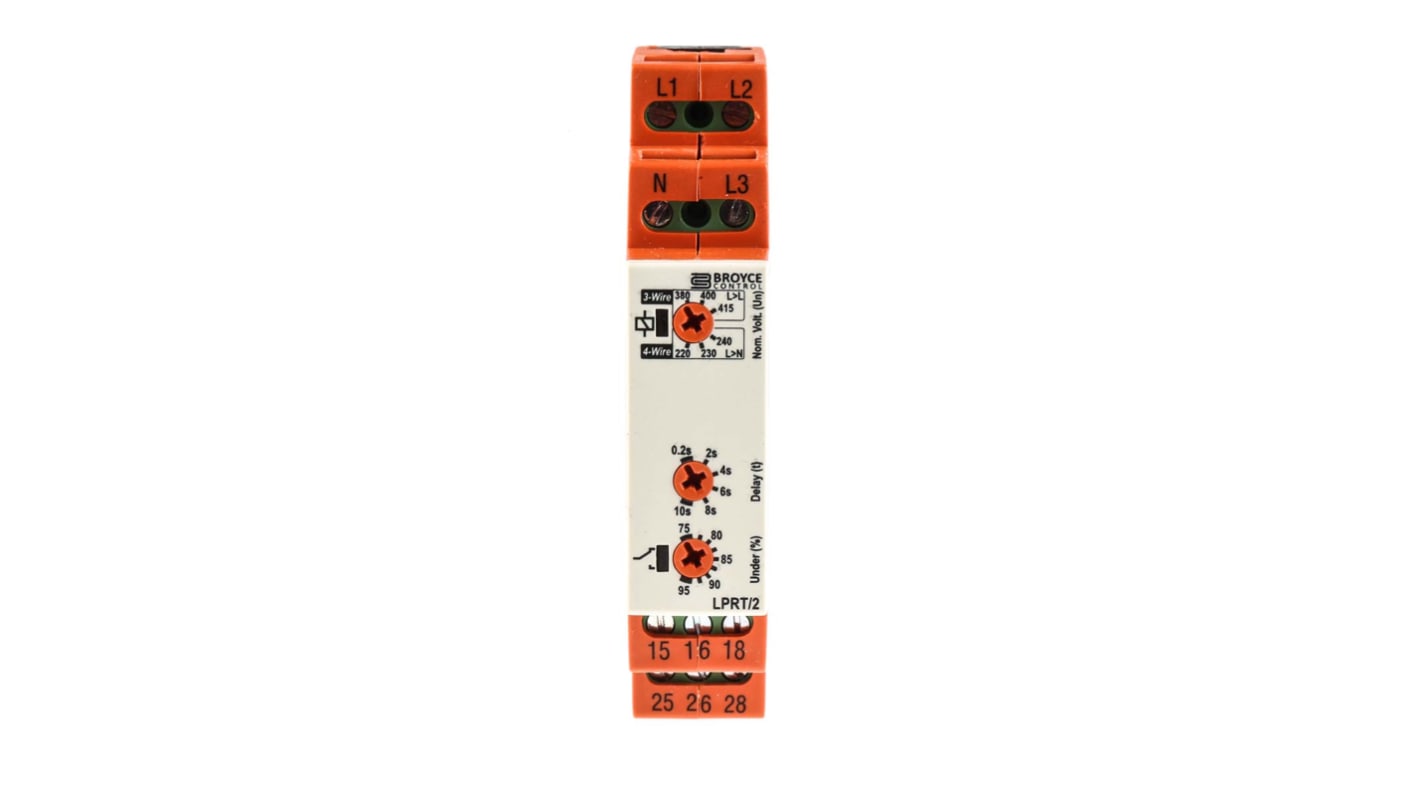 Broyce Control 欠压/相序/电压继电器, 三相, DIN导轨安装, DPDT, 可感应243 → 540 V