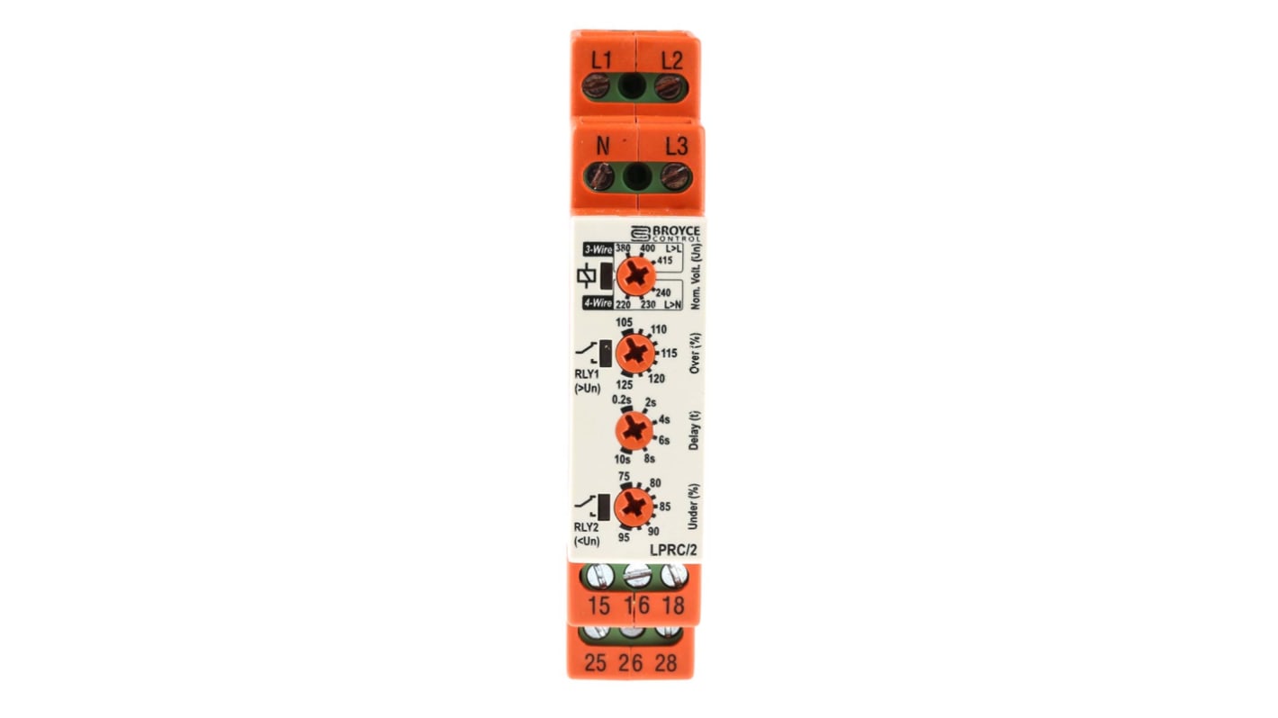 Broyce Control Phase, Voltage Monitoring Relay, 3 Phase, SPDT, 243 → 540V ac, DIN Rail