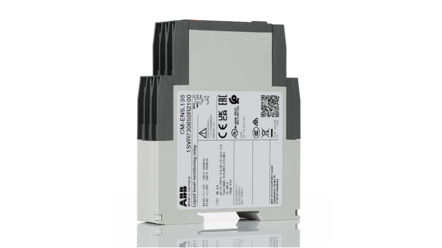 ABB 液位继电器, 110 → 130 V 交流、220 → 240 V 交流电源, 1输入, 单刀双掷继电器输出, DIN导轨安装, -25°C至+60°C, CM-ENS系列